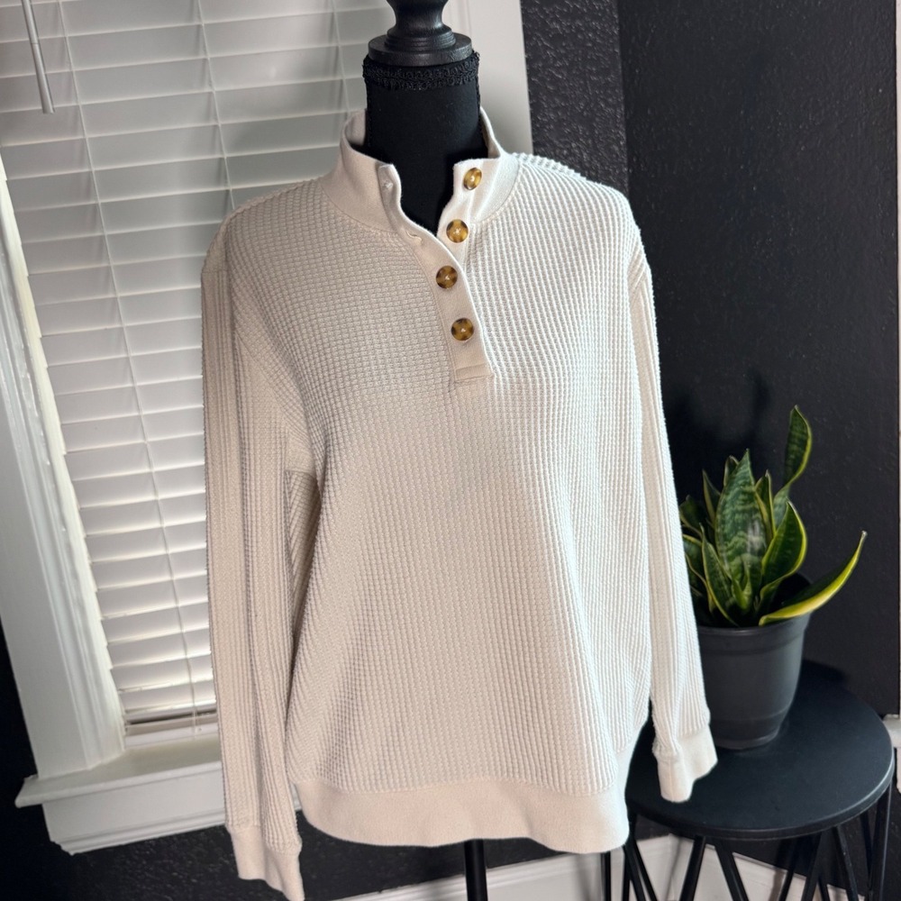 Lands End Ivory Waffle Knit Henley Pullover Sweater Mock Neck Cream M 10-12